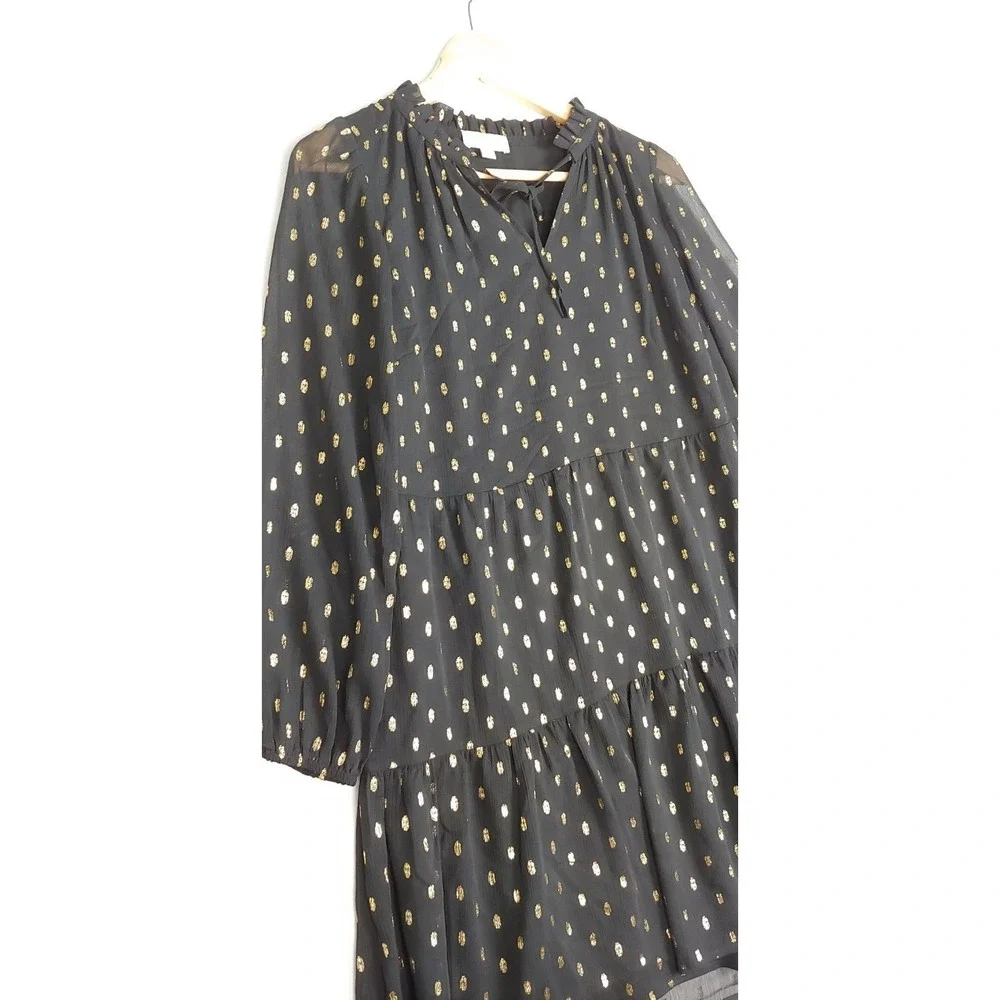 02 LOFT Outlet Petite Medium Petite Black Gold Metallic Dot Tiered Tunic‎ Blouse
